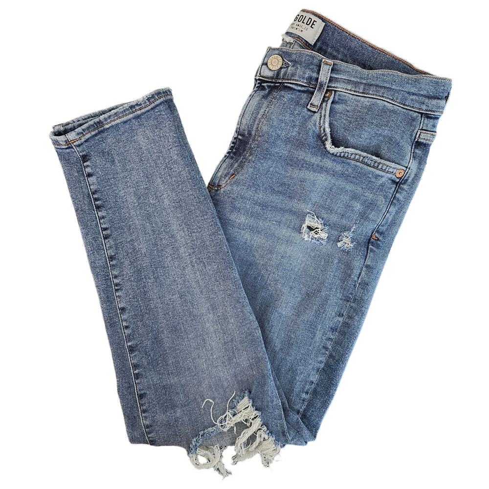 AGOLDE High-Rise Skinny‎ Crop Destroyed Distressed Blue Denim Jeans | Women's 31